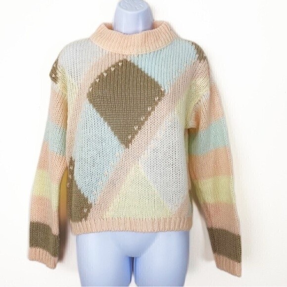 VINTAGE 80s NUGGETS Chunky Open Knit Mock Neck Sweater Pastel Pink Yellow Medium - Picture 2 of 6